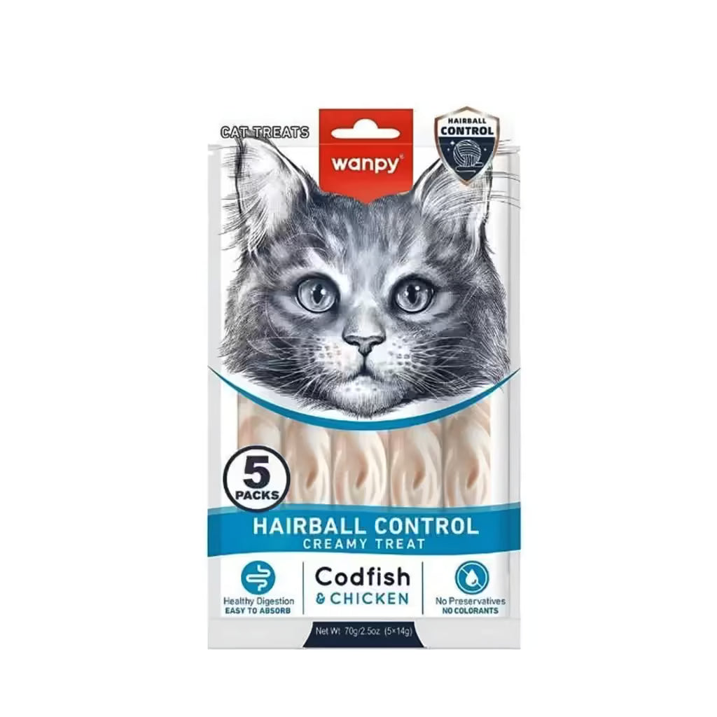 Wanpy Adult Cat Functional Creamy Lickable Treat - Codfish & Chicken (Hairball Control) 70 g Pouch